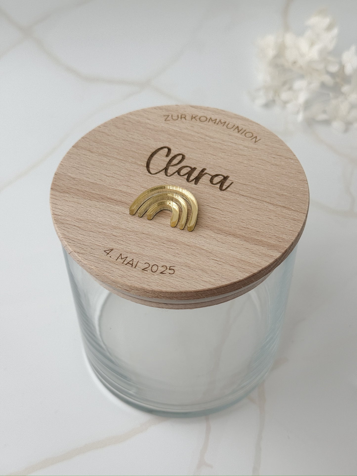 Vorratsglas mit Holzdeckel personalisiert - Taufe/ Kommunion/ Konfirmation