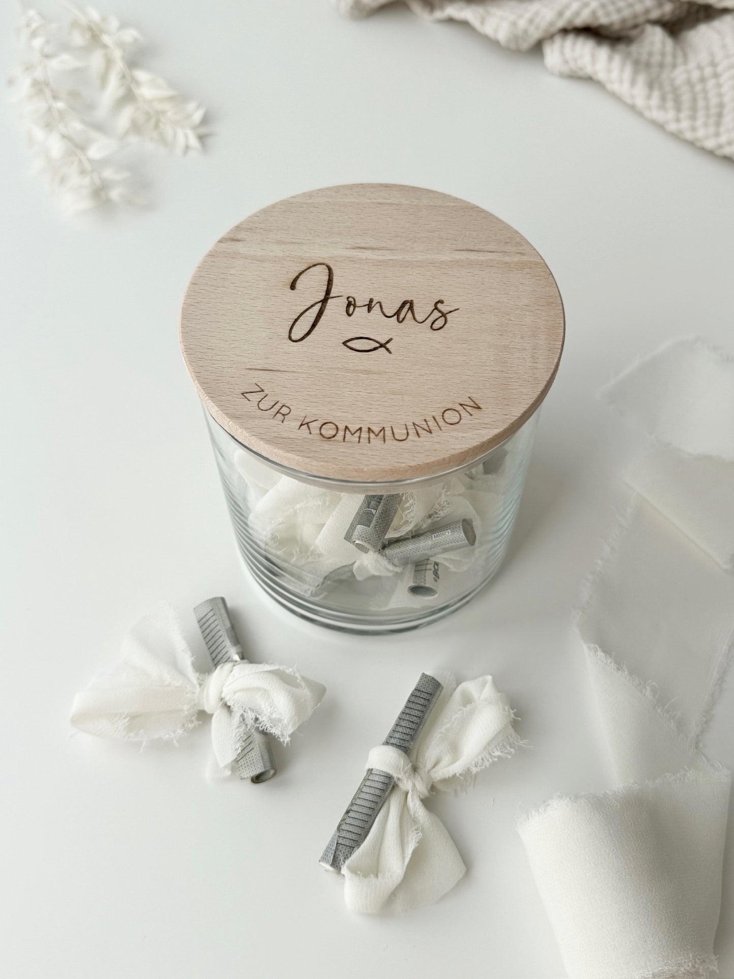 Vorratsglas mit Holzdeckel personalisiert - Taufe/ Kommunion/ Konfirmation