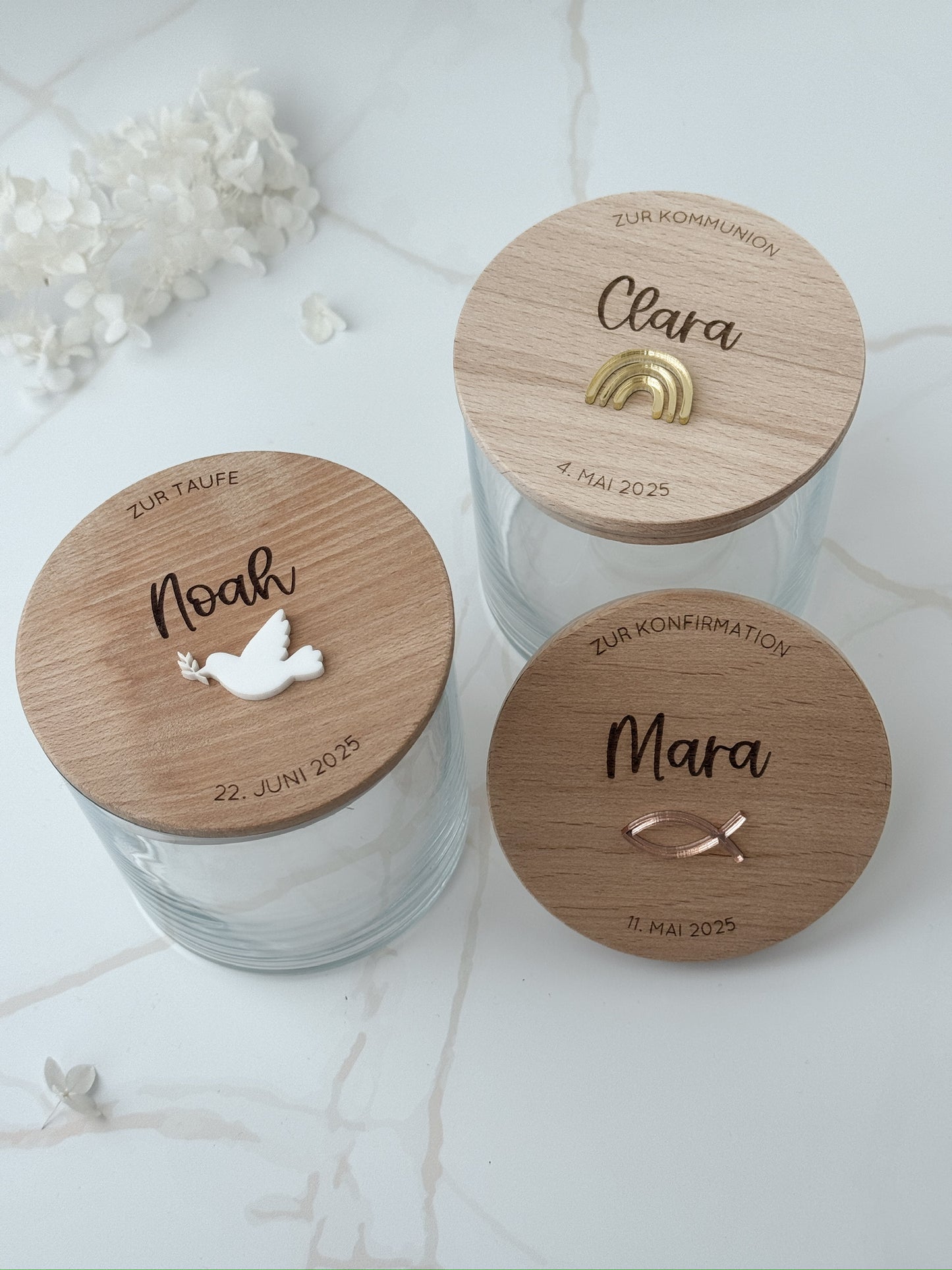 Vorratsglas mit Holzdeckel personalisiert - Taufe/ Kommunion/ Konfirmation