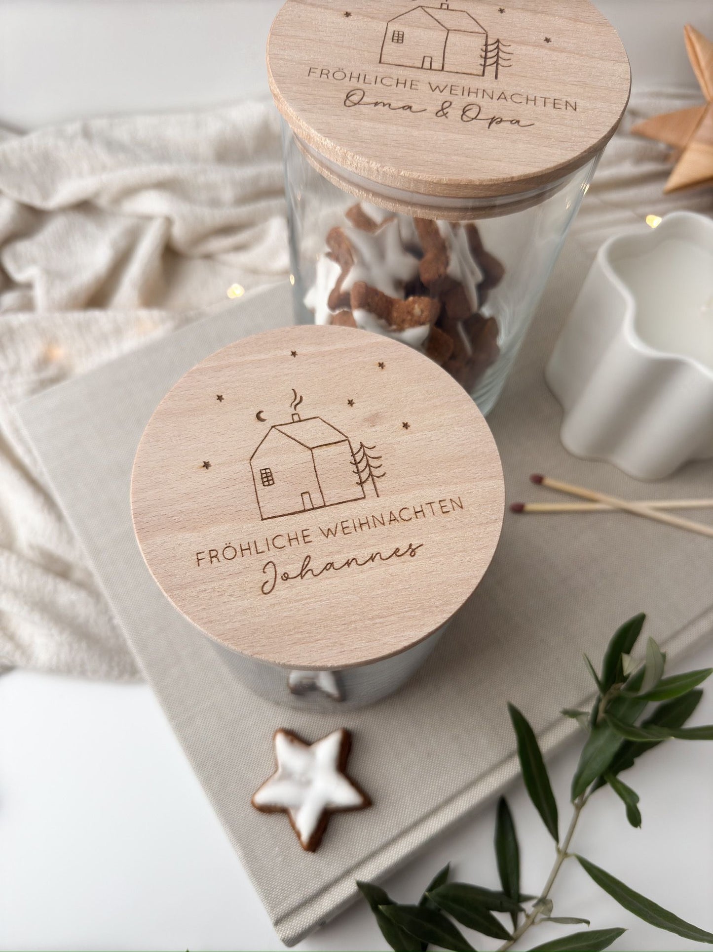 Vorratsglas mit Holzdeckel - winterliche Häuschen