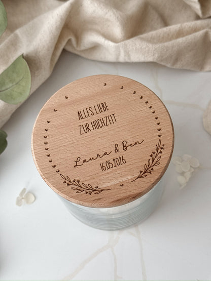 Vorratsglas mit Holzdeckel personalisiert zur Hochzeit