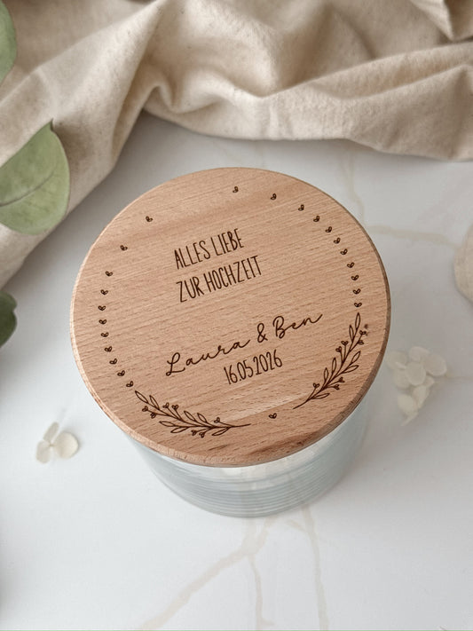 Vorratsglas mit Holzdeckel personalisiert zur Hochzeit