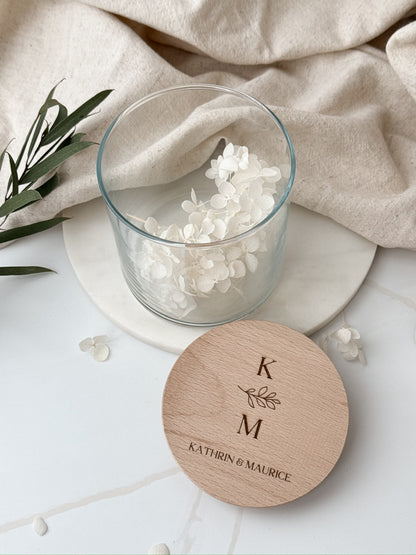 Vorratsglas mit Holzdeckel personalisiert zur Hochzeit