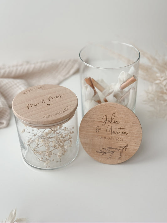 Vorratsglas mit Holzdeckel personalisiert - Hochzeit
