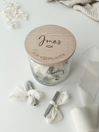 Vorratsglas mit Holzdeckel personalisiert - Taufe/ Kommunion/ Konfirmation