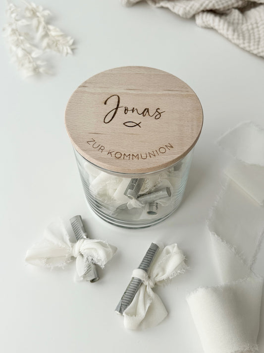 Vorratsglas mit Holzdeckel personalisiert - Taufe/ Kommunion/ Konfirmation