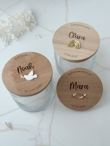 Vorratsglas mit Holzdeckel personalisiert - Taufe/ Kommunion/ Konfirmation