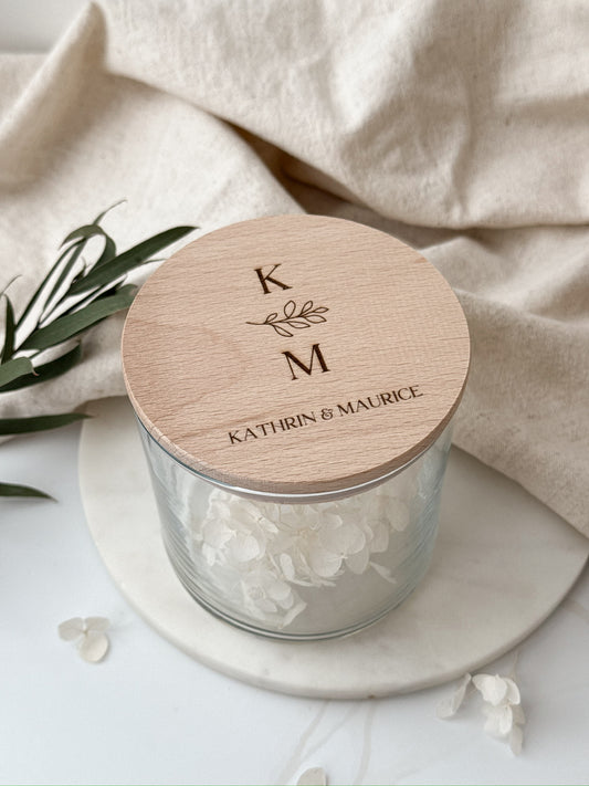 Vorratsglas mit Holzdeckel personalisiert zur Hochzeit