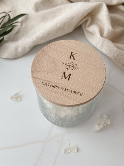 Vorratsglas mit Holzdeckel personalisiert zur Hochzeit