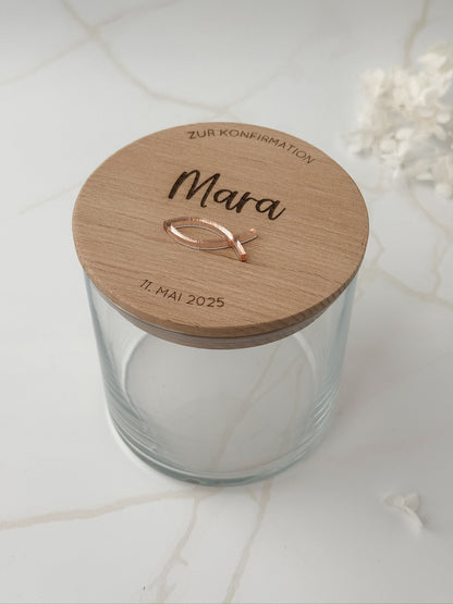 Vorratsglas mit Holzdeckel personalisiert - Taufe/ Kommunion/ Konfirmation