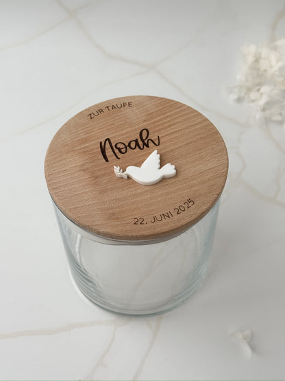 Vorratsglas mit Holzdeckel personalisiert - Taufe/ Kommunion/ Konfirmation