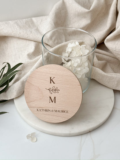 Vorratsglas mit Holzdeckel personalisiert zur Hochzeit