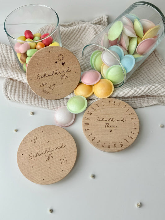 Vorratsglas mit Holzdeckel personalisiert - Einschulung