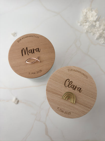 Vorratsglas mit Holzdeckel personalisiert - Taufe/ Kommunion/ Konfirmation