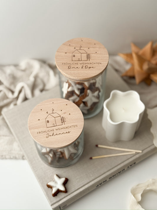 Vorratsglas mit Holzdeckel - winterliche Häuschen