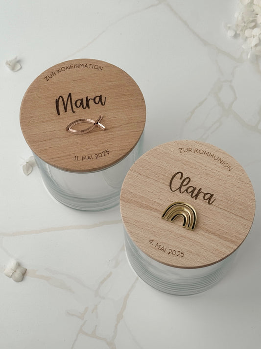 Vorratsglas mit Holzdeckel personalisiert - Taufe/ Kommunion/ Konfirmation