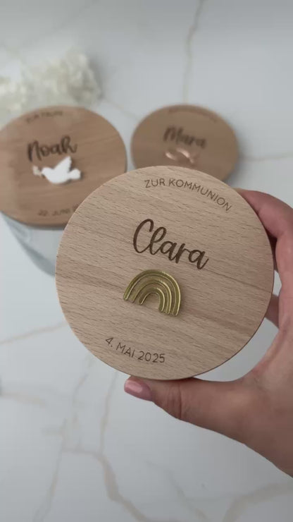 Vorratsglas mit Holzdeckel personalisiert - Taufe/ Kommunion/ Konfirmation